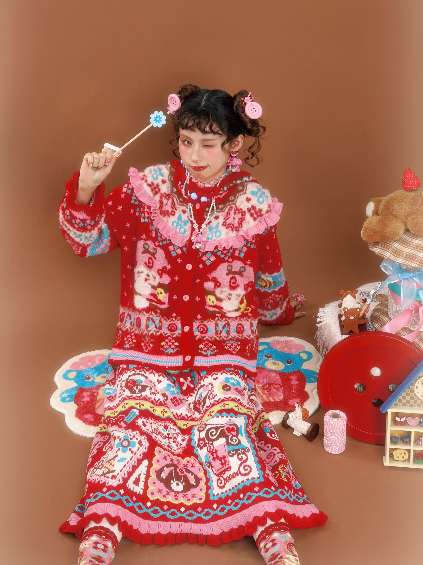 Red Fair Isle hooded lambskin-imitation mink knit cardigan