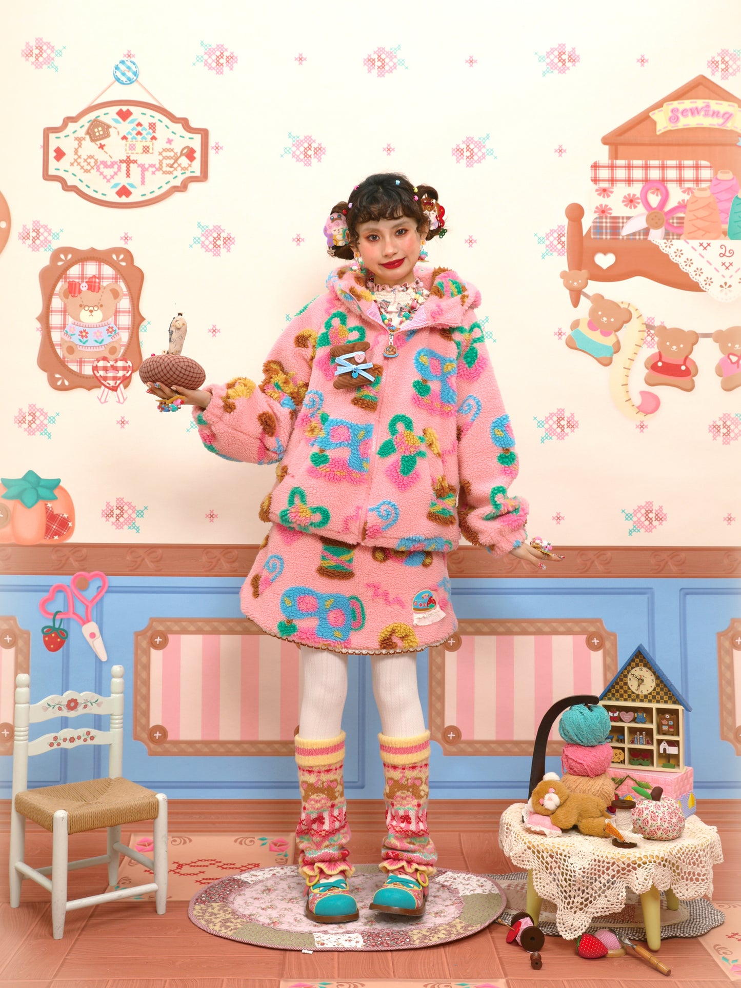 Original custom-made pink fleece and lambskin-like fabric cute plush short skirt.