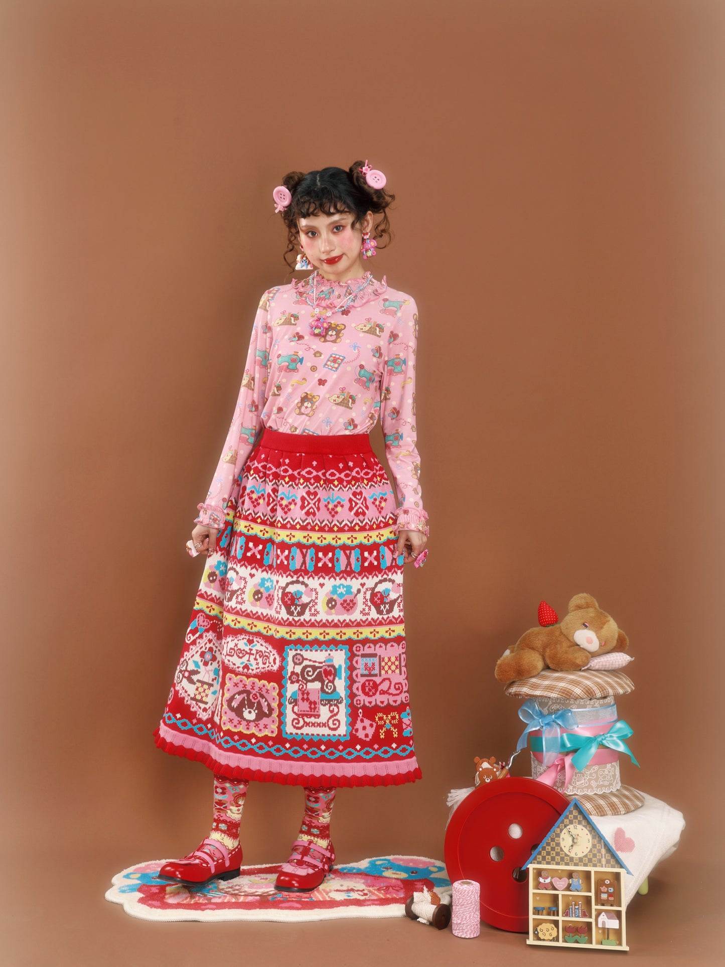 Red jacquard sewing vintage pattern lace knitted skirt (long)
