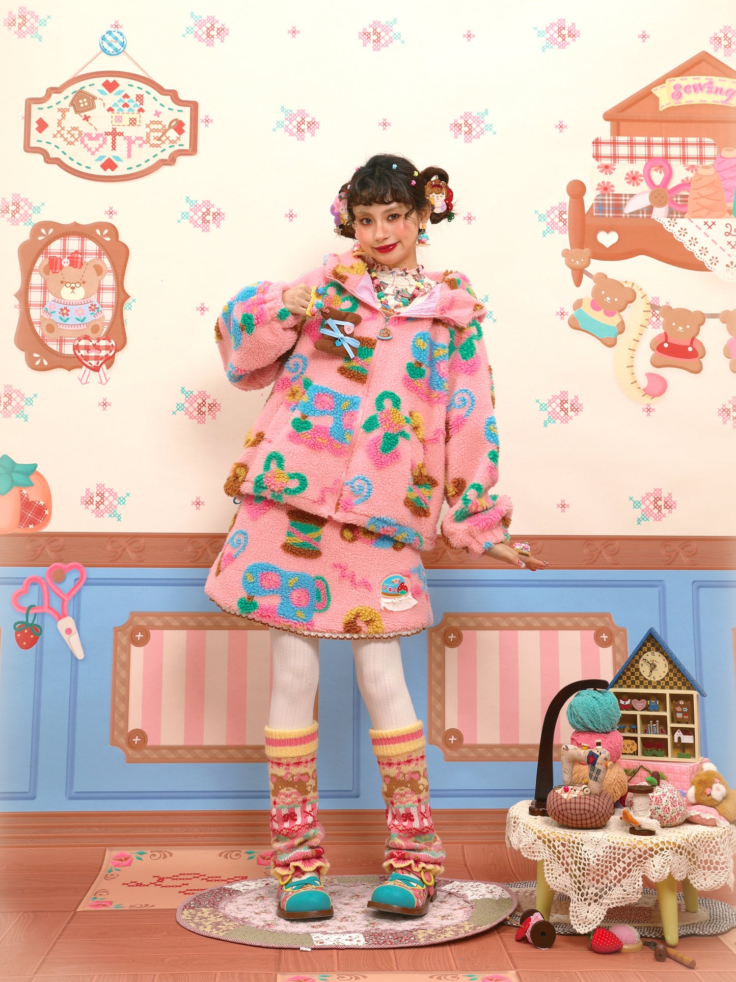 Original custom-made pink fleece and lambskin plush warm jacket.