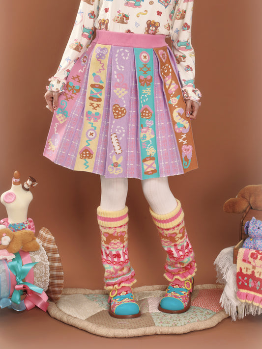 Pink and purple checkered knitted vintage autumn/winter pleated short skirt