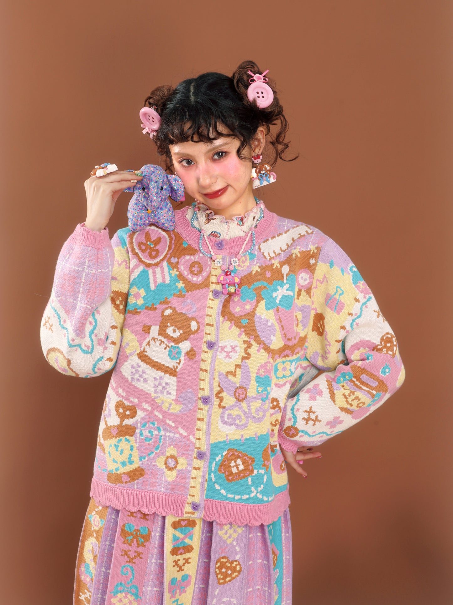 Pink and purple patchwork style vintage jacquard knit cardigan sweater