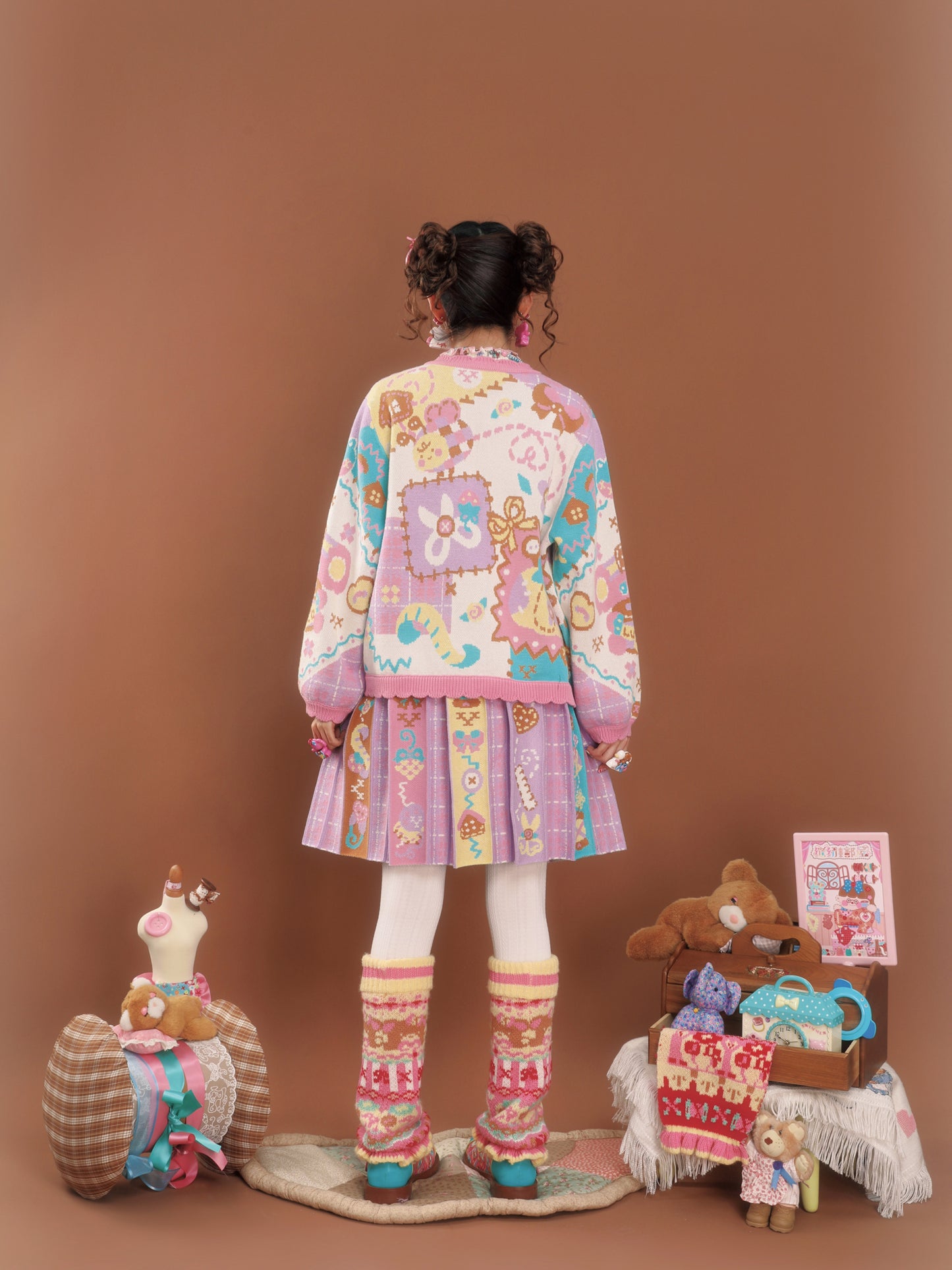 Pink and purple patchwork style vintage jacquard knit cardigan sweater