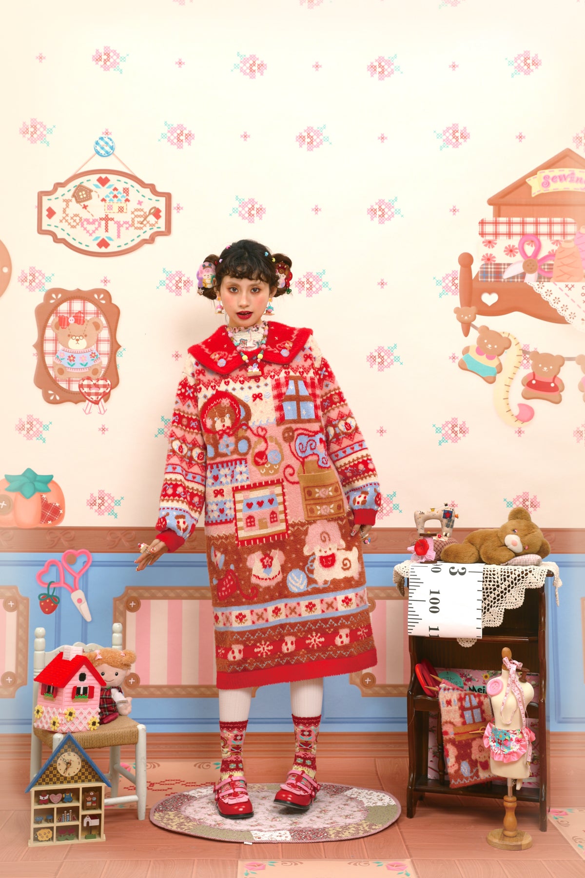 Red sewing bear pattern navy collar faux mink fleece warm sweater dress (long)