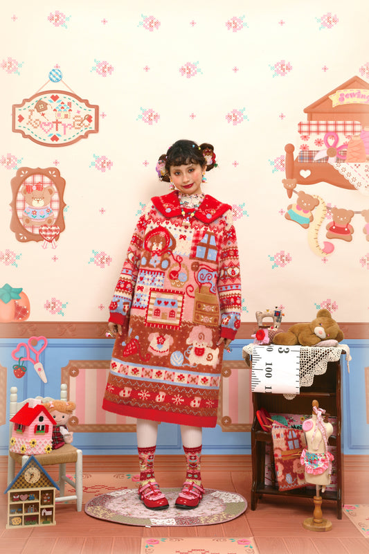 Red sewing bear pattern navy collar faux mink fleece warm sweater dress (long)