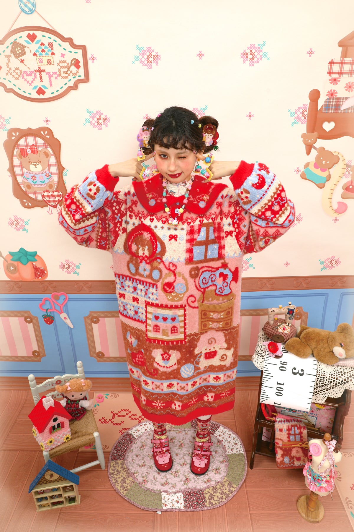 Red sewing bear pattern navy collar faux mink fleece warm sweater dress (long)