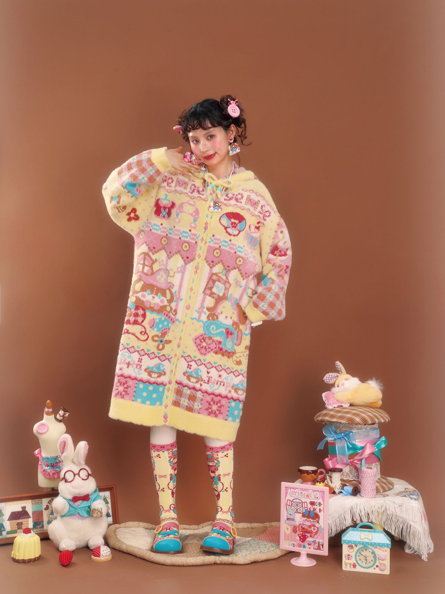 Yellow faux mink hooded cardigan with bear ears and rabbit design, long length, for warmth.