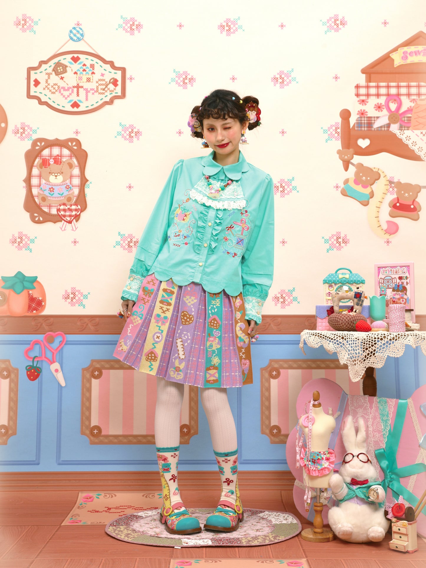 Pink and purple checkered knitted vintage autumn/winter pleated short skirt
