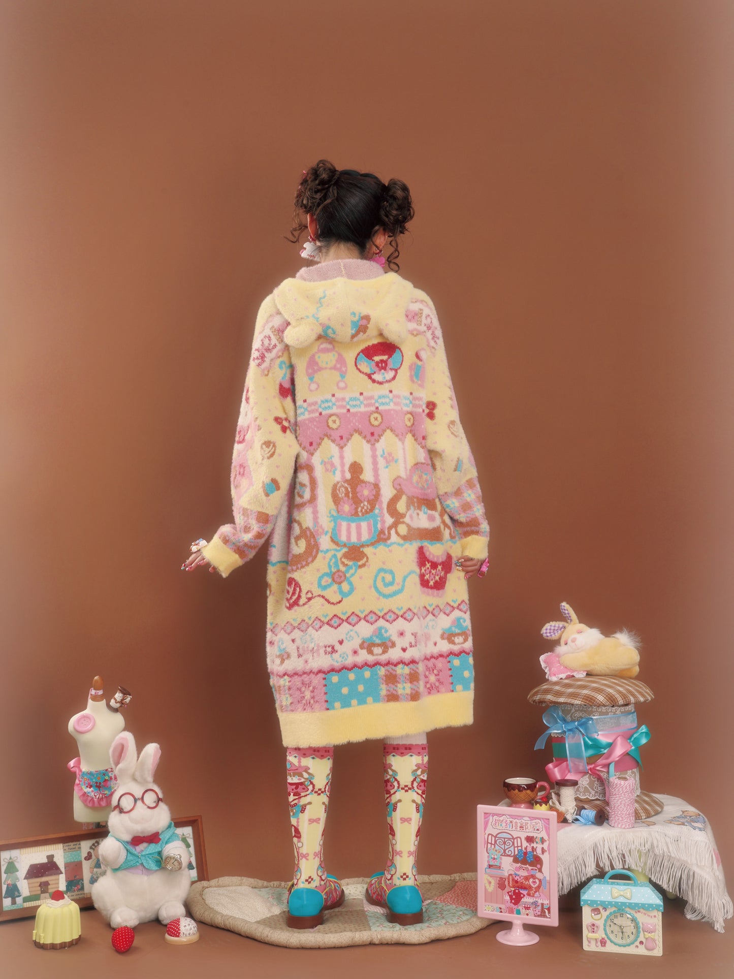Yellow faux mink hooded cardigan with bear ears and rabbit design, long length, for warmth.