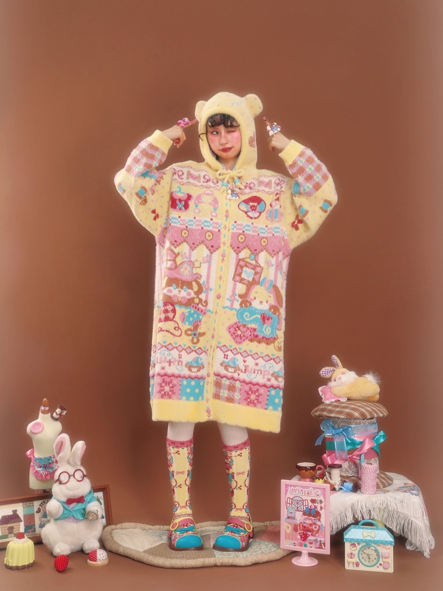 Yellow faux mink hooded cardigan with bear ears and rabbit design, long length, for warmth.