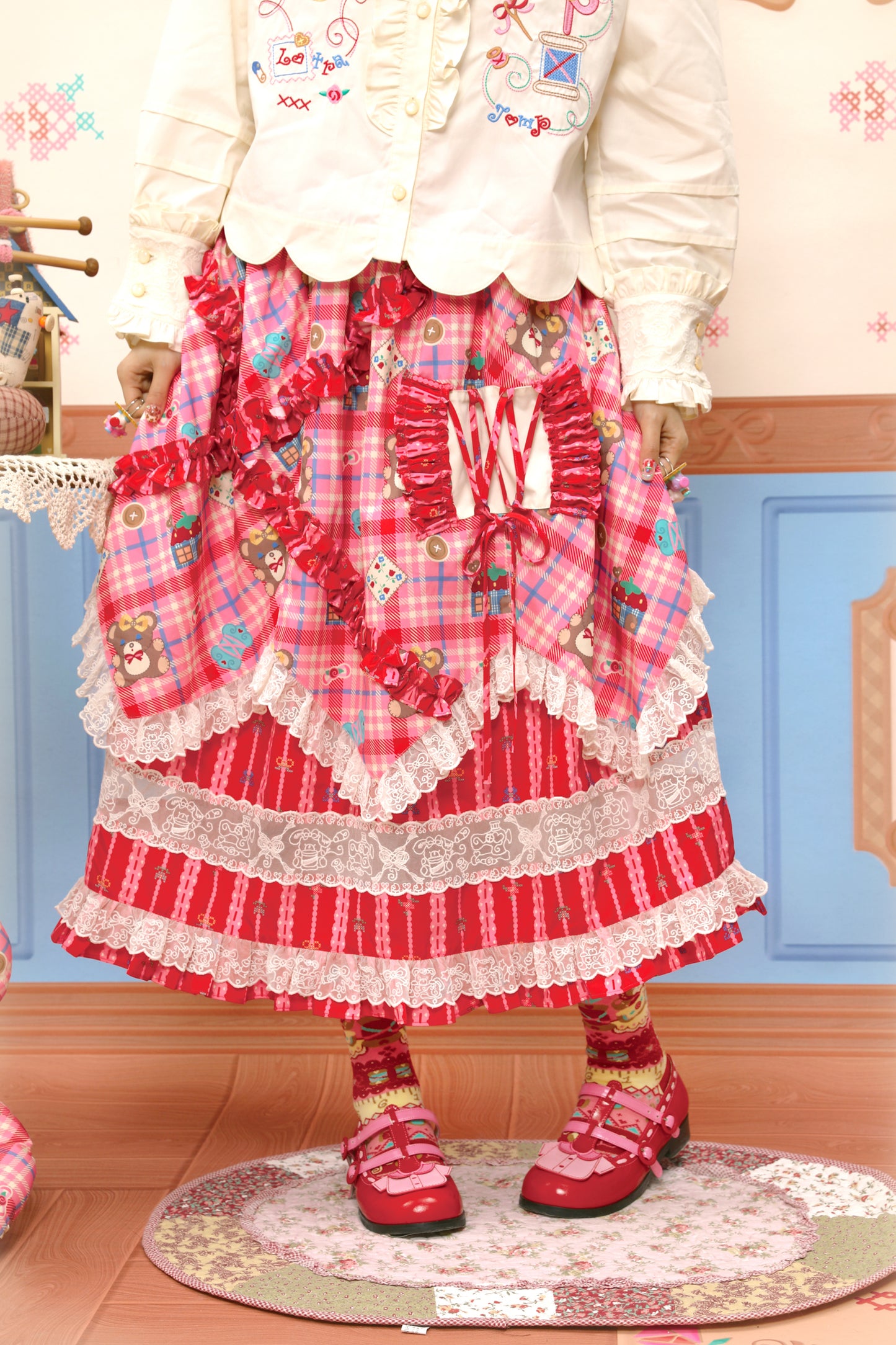 Pink plaid striped lace suit dress & tiered midi skirt set