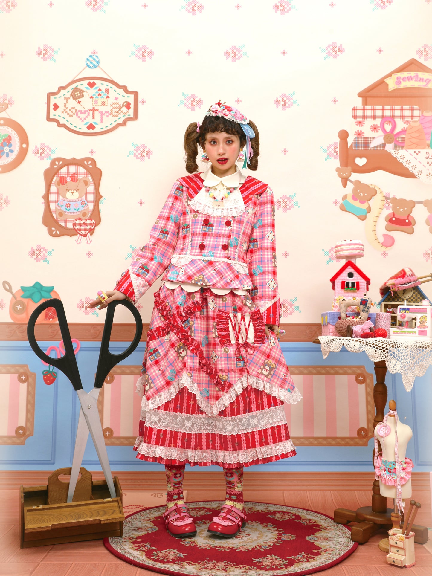 Pink plaid striped lace suit dress & tiered midi skirt set