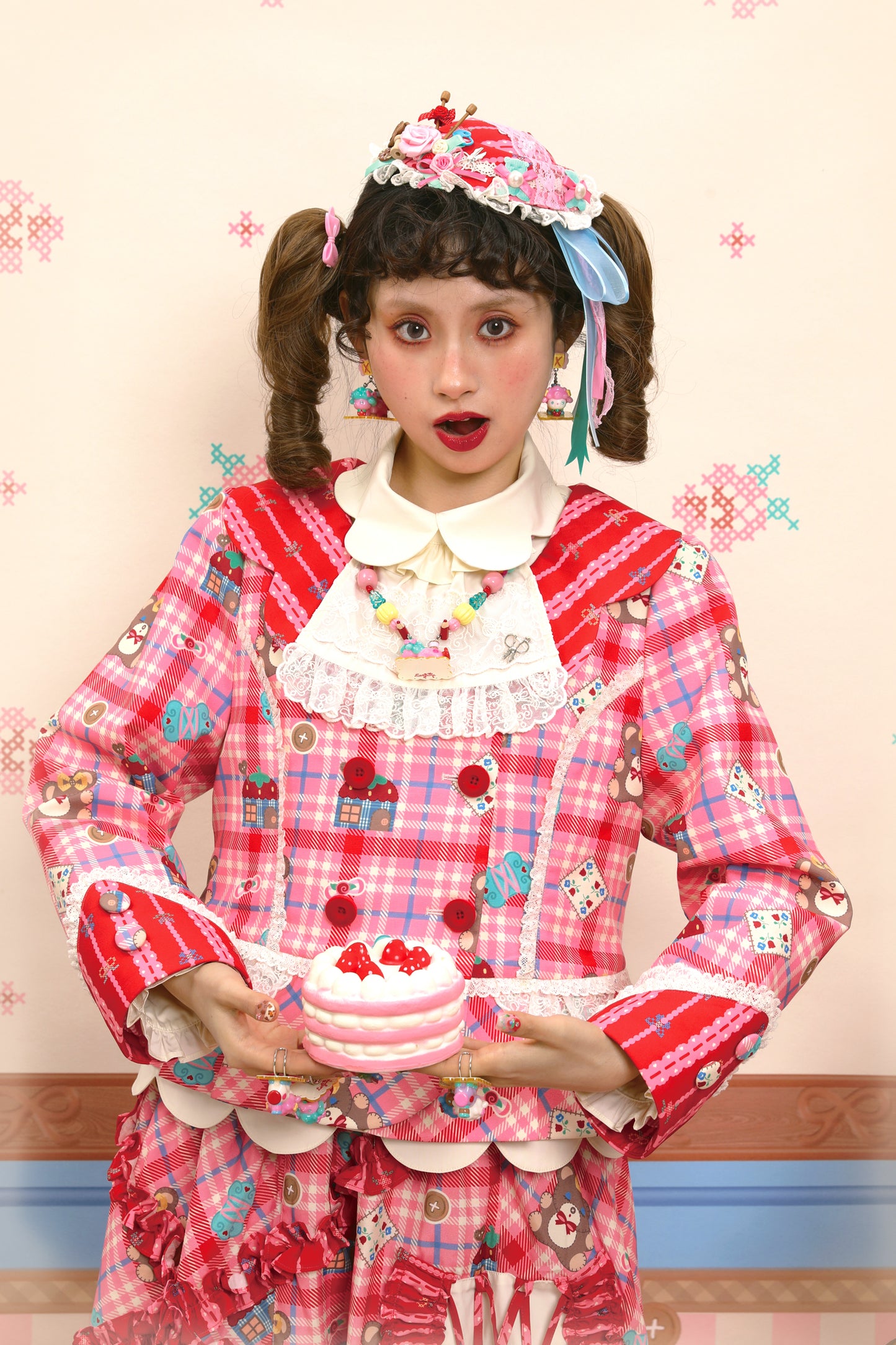 Pink plaid striped lace suit dress & tiered midi skirt set