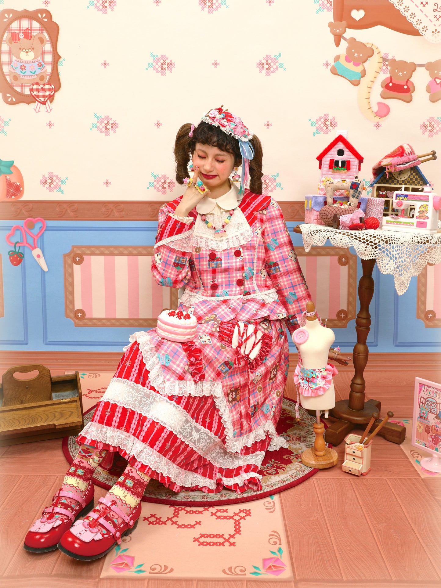 Pink plaid striped lace suit dress & tiered midi skirt set