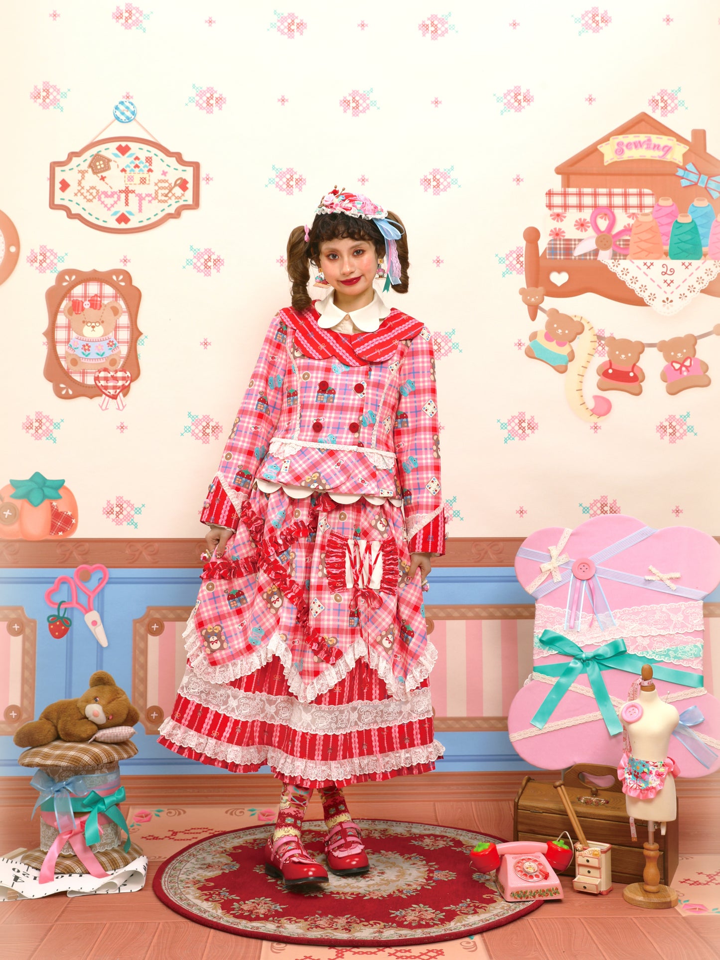 Pink plaid striped lace suit dress & tiered midi skirt set