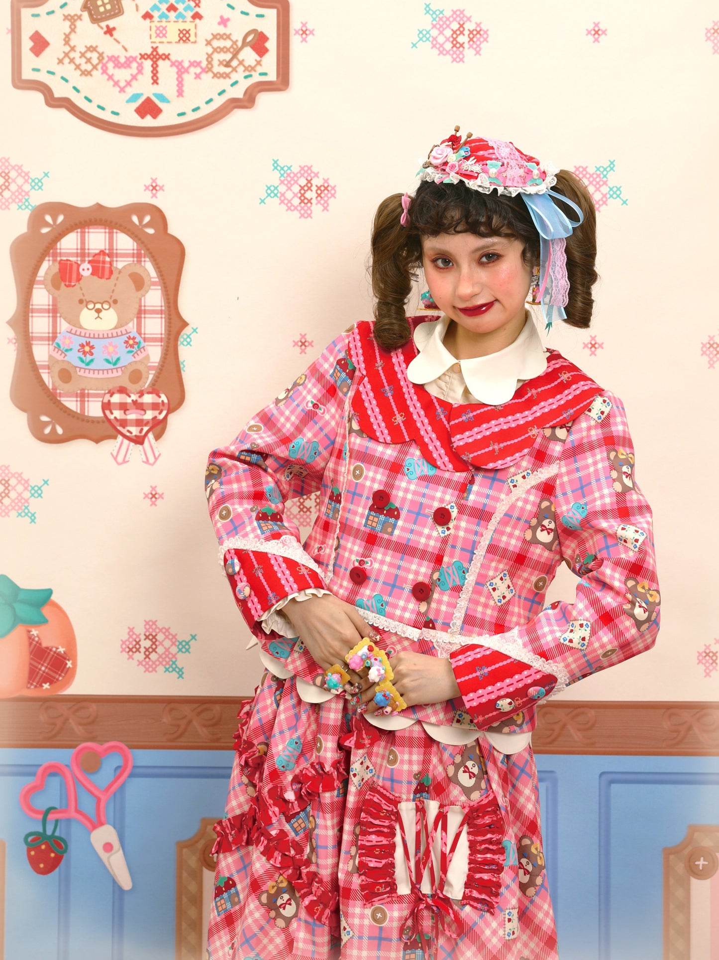 Pink plaid striped lace suit dress & tiered midi skirt set