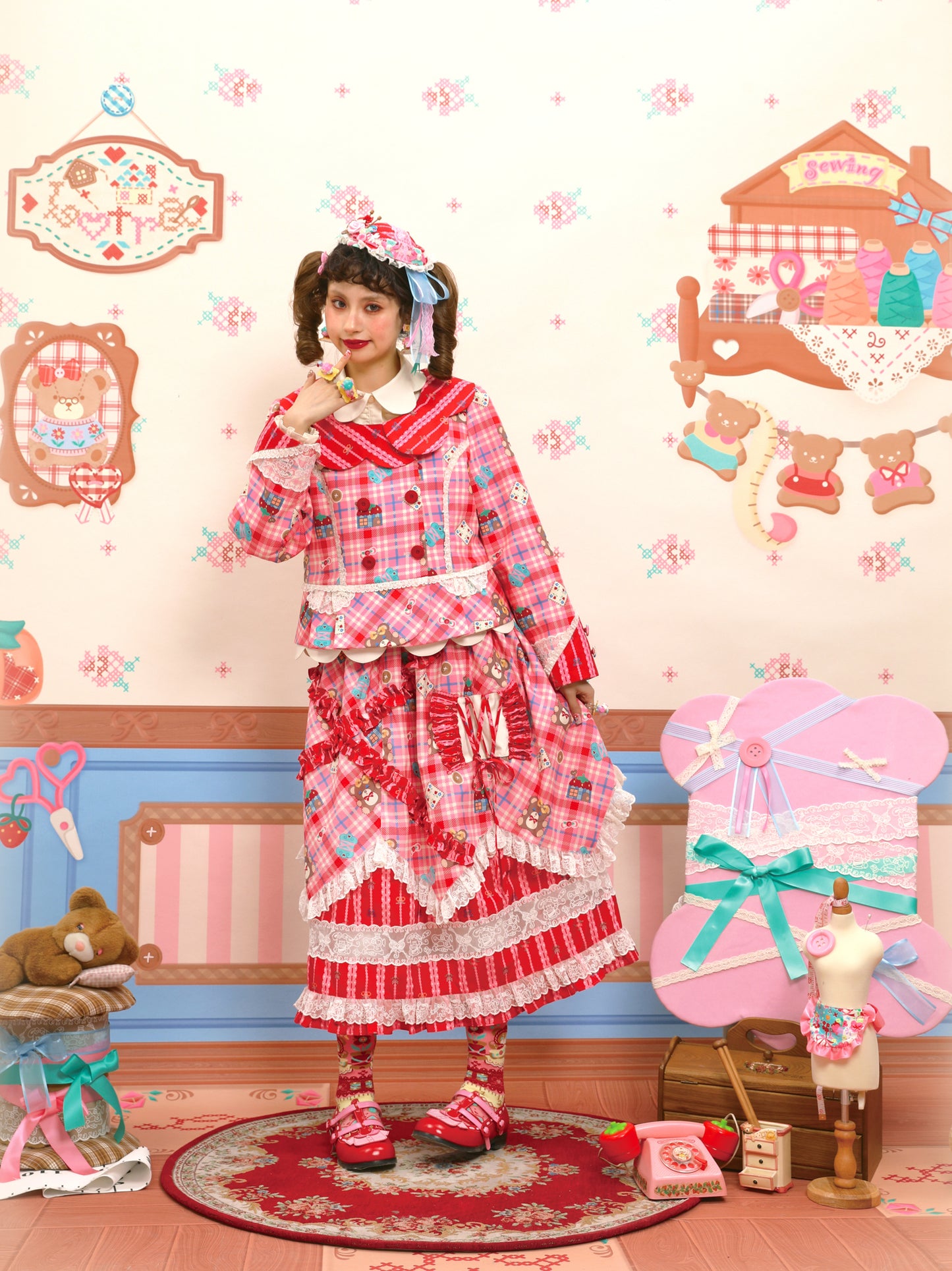 Pink plaid striped lace suit dress & tiered midi skirt set