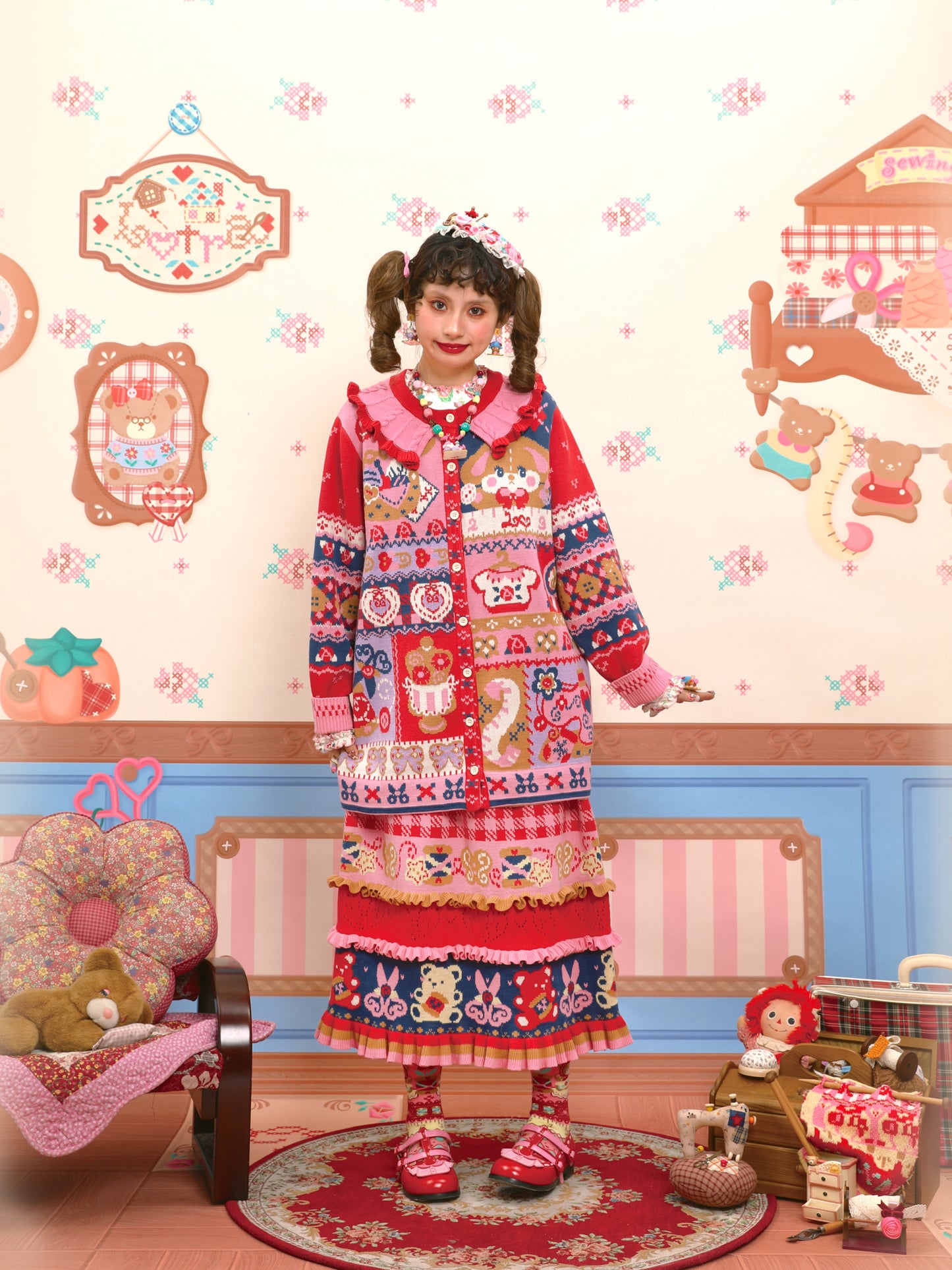 Red and navy blue stitched illustration jacquard knit long cardigan sweater coat