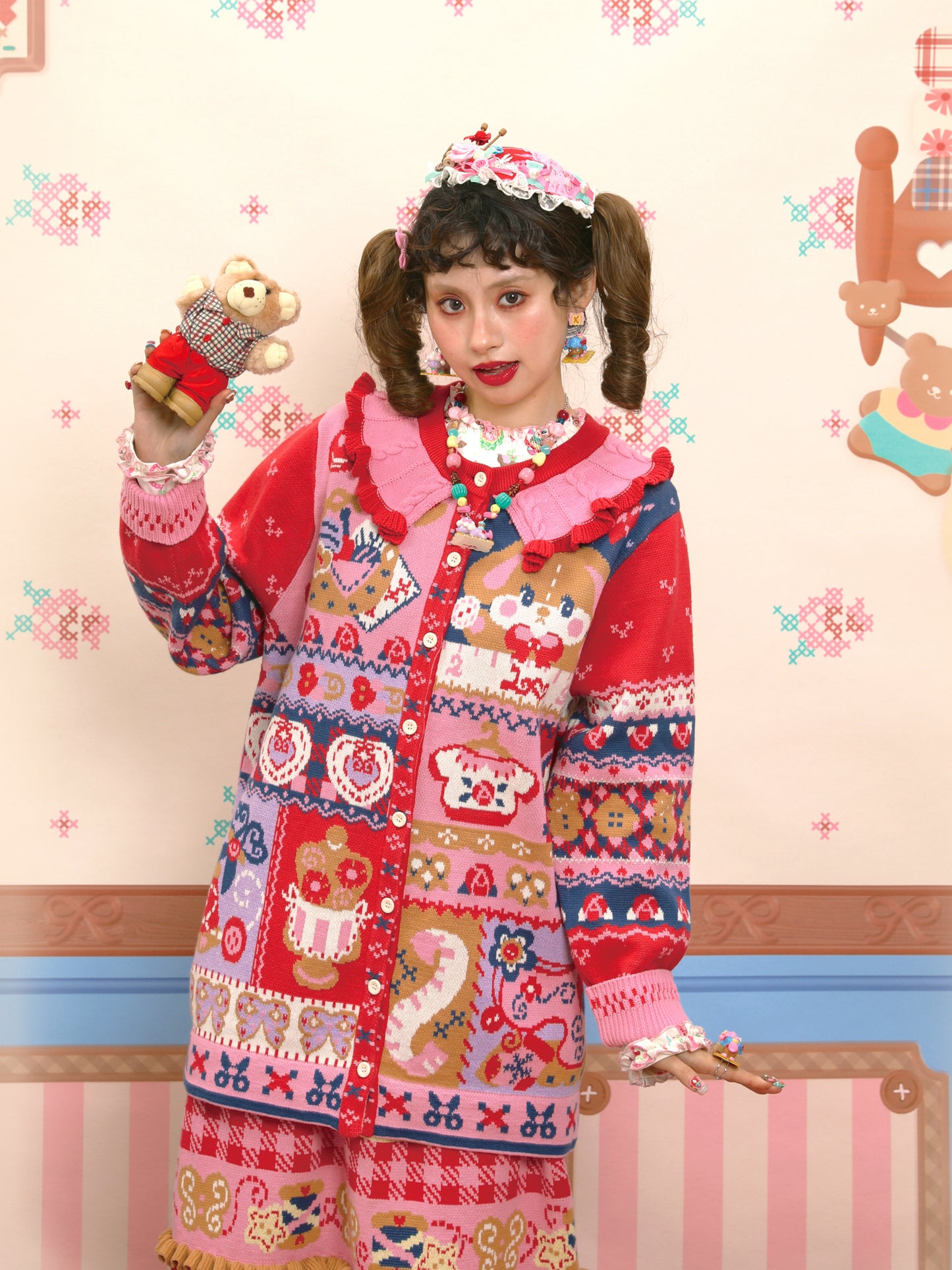Red and navy blue stitched illustration jacquard knit long cardigan sweater coat