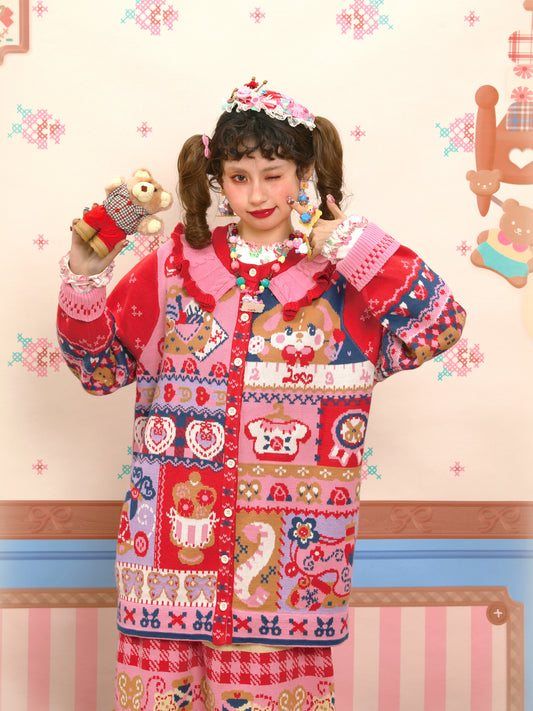 Red and navy blue stitched illustration jacquard knit long cardigan sweater coat