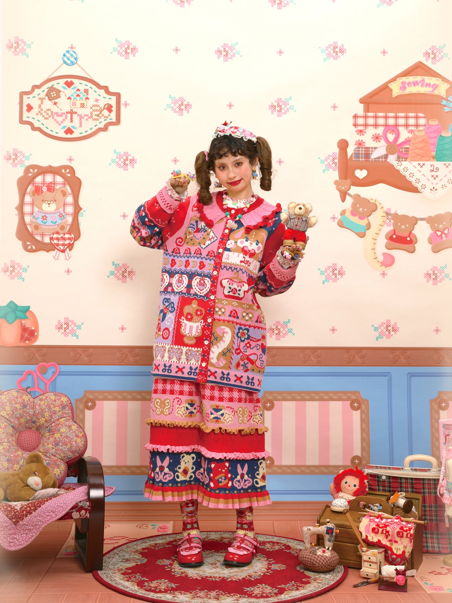 Red and navy blue stitched illustration jacquard knit long cardigan sweater coat