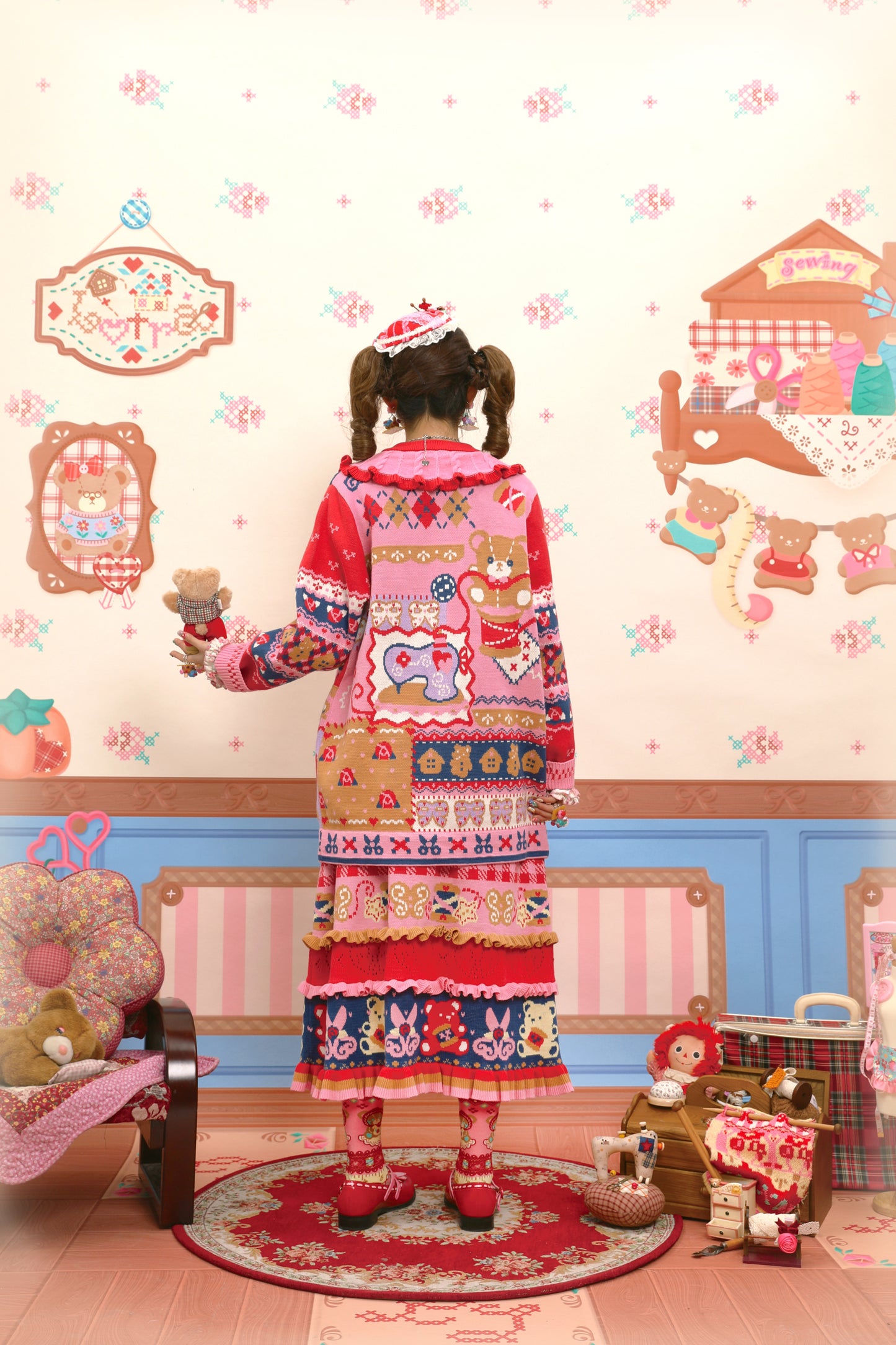 Red and navy blue stitched illustration jacquard knit long cardigan sweater coat