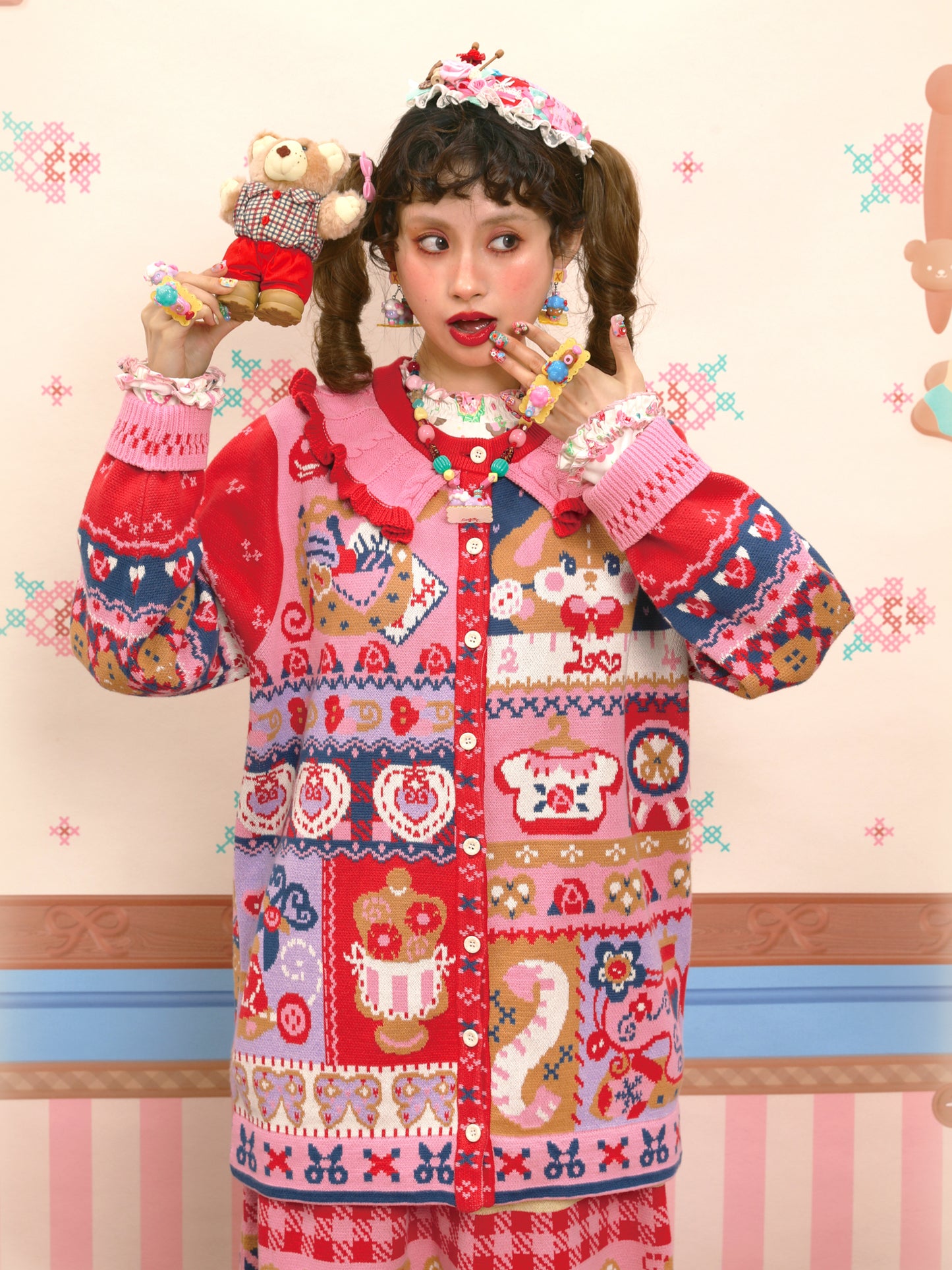 Red and navy blue stitched illustration jacquard knit long cardigan sweater coat