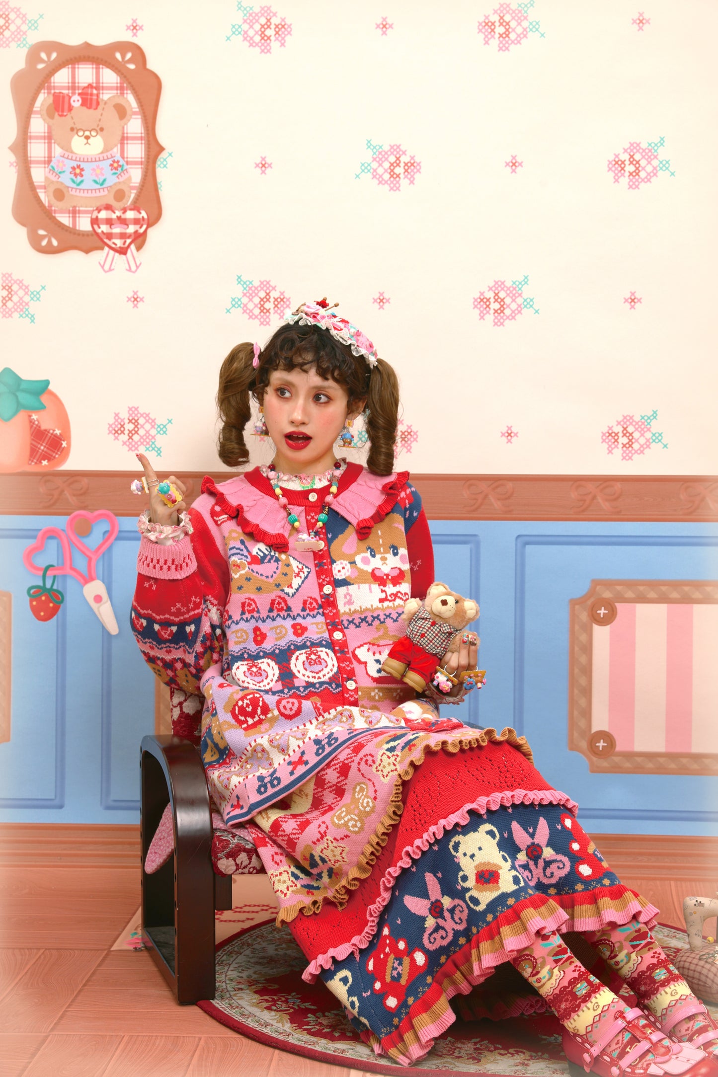 Red and navy blue stitched illustration jacquard knit long cardigan sweater coat