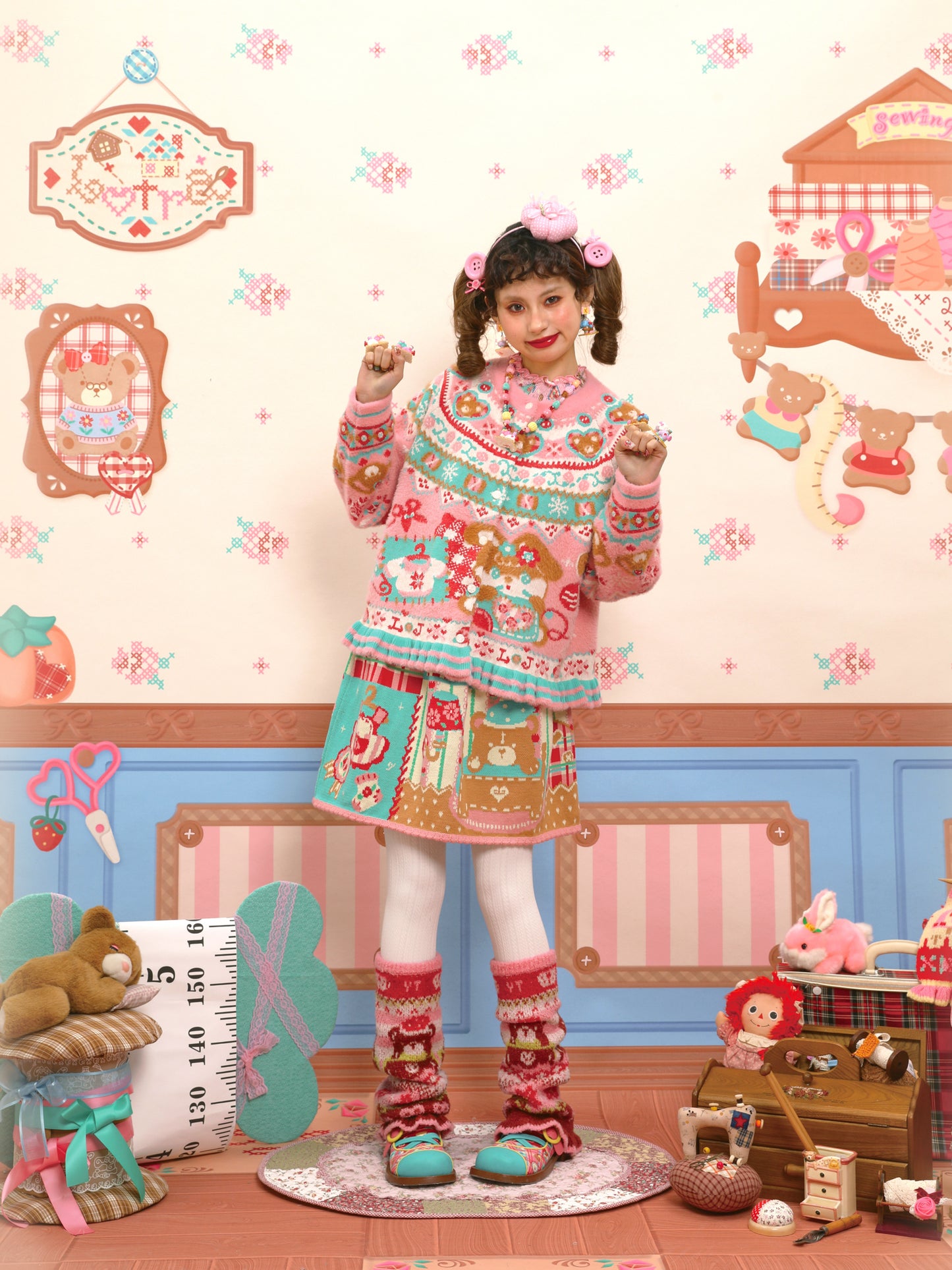Red and pink Fair Isle style faux mink fur knitted cardigan with rabbit motif