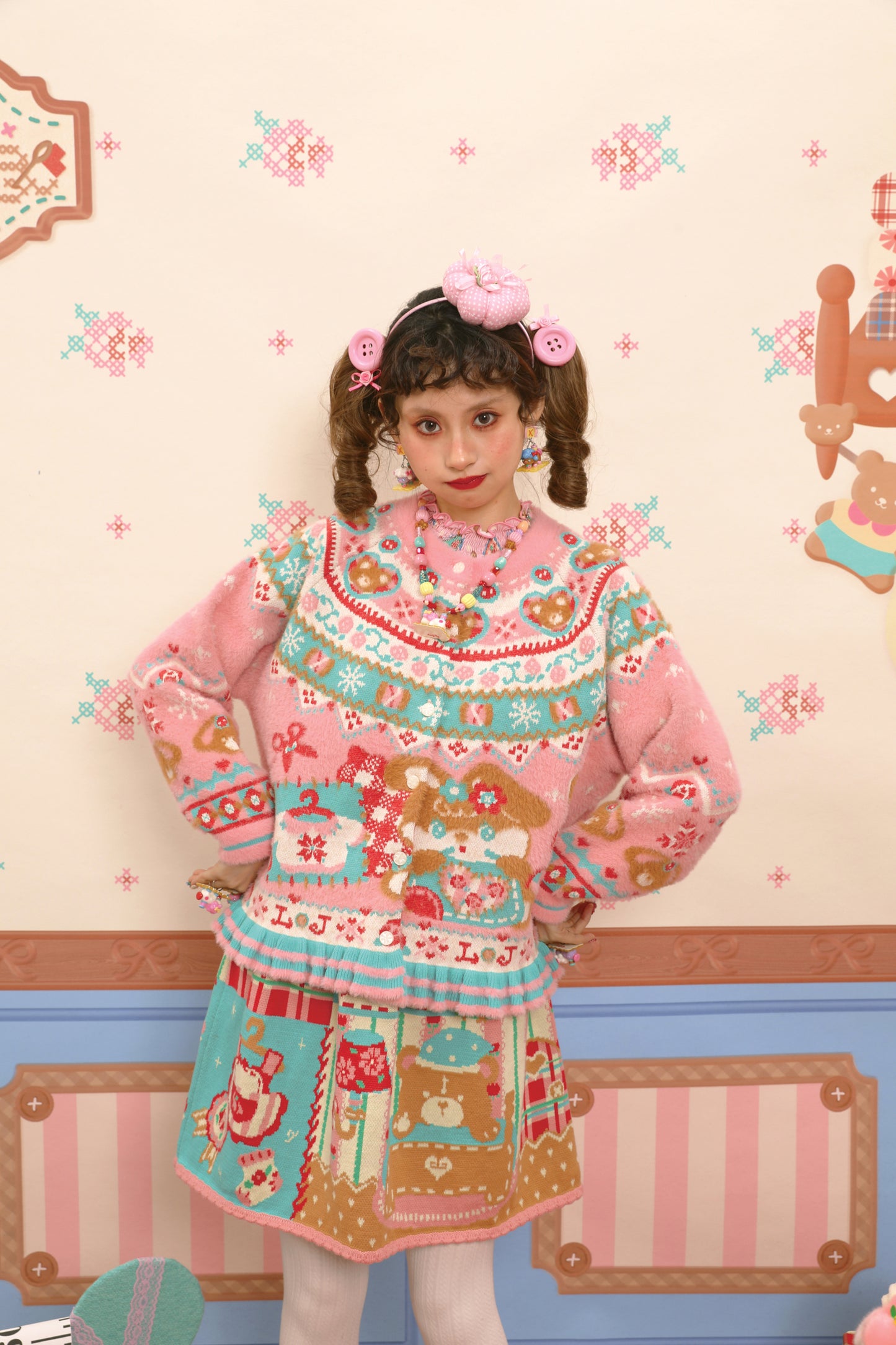 Red and pink Fair Isle style faux mink fur knitted cardigan with rabbit motif