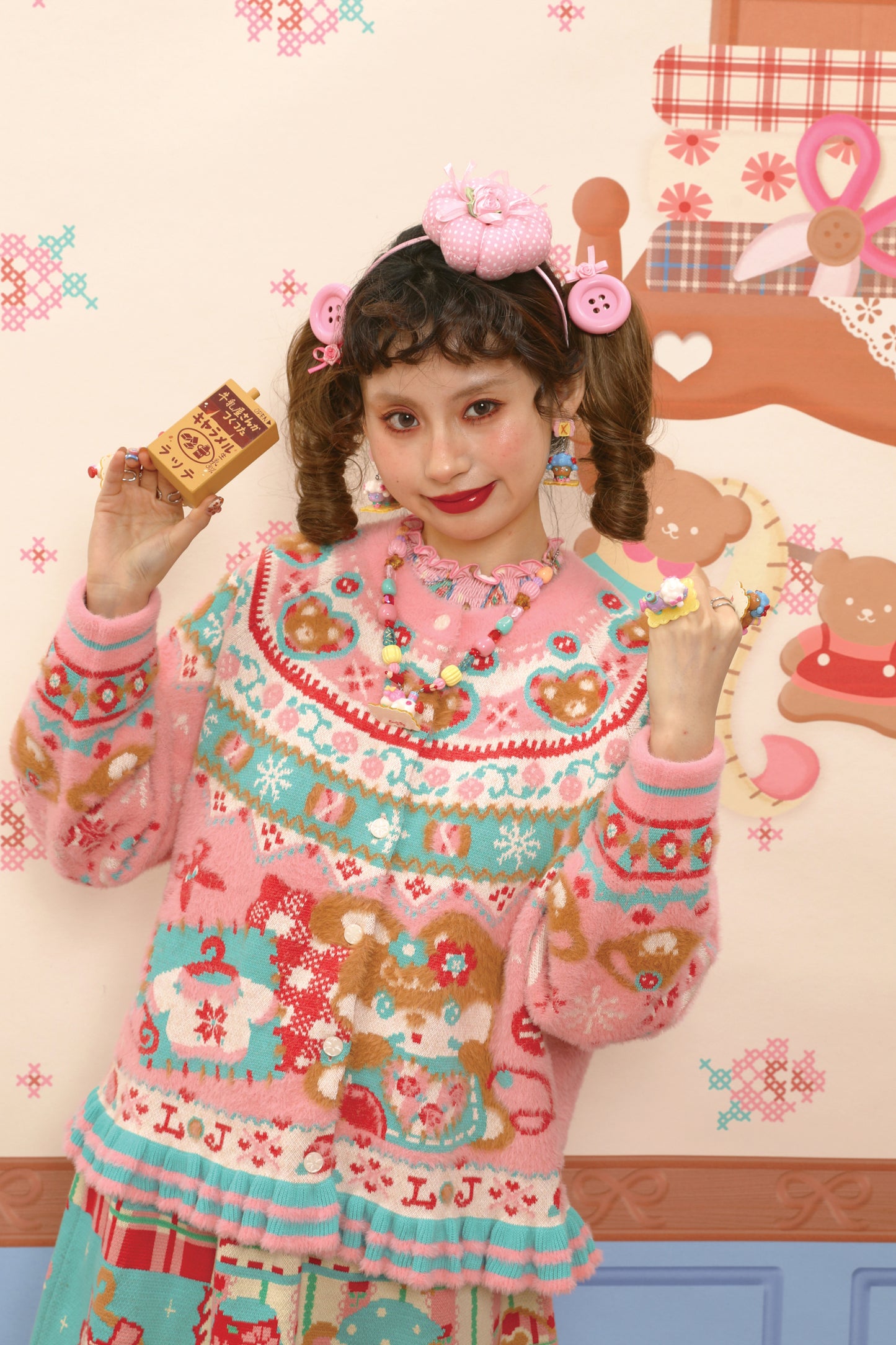 Red and pink Fair Isle style faux mink fur knitted cardigan with rabbit motif