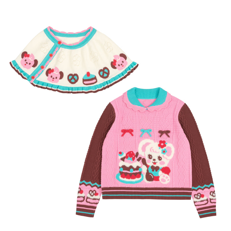 Pink Bunny Cute Retro Cable Knit Cape Sweater Two-Piece Set