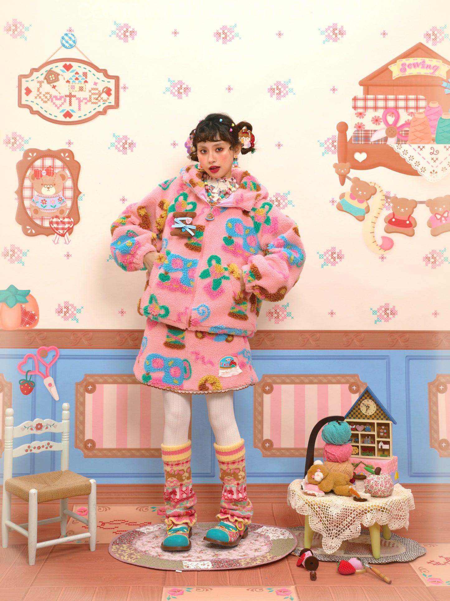Original custom-made pink fleece and lambskin plush warm jacket.