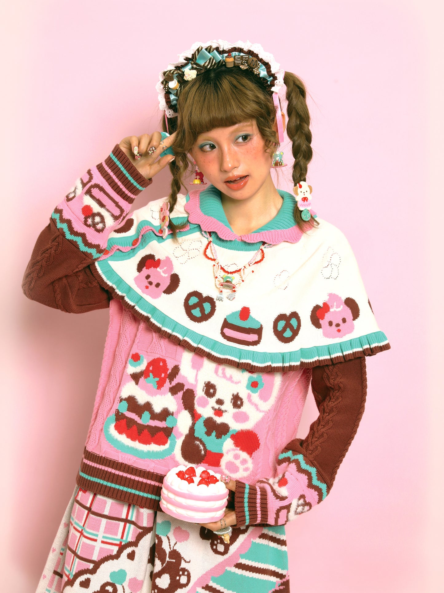 Pink Bunny Cute Retro Cable Knit Cape Sweater Two-Piece Set