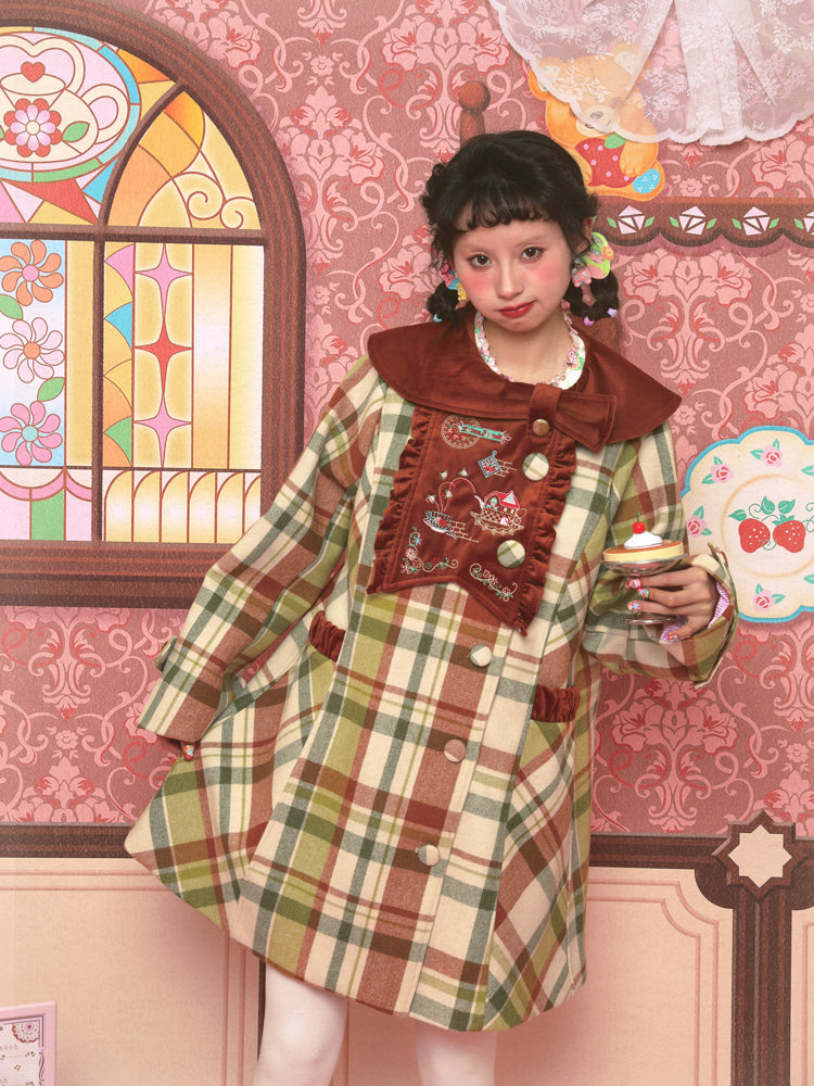 Green plaid embroidered woolen lapel slim mid-length coat