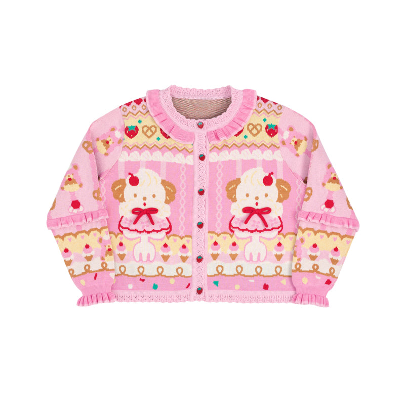Cream Puppy Cutlery Lace Sweet Pink Knitted Cardigan Sweater