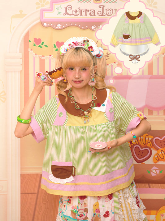 Green striped asymmetric collar cute babydoll shirt top（Long sleeves and short sleeves）