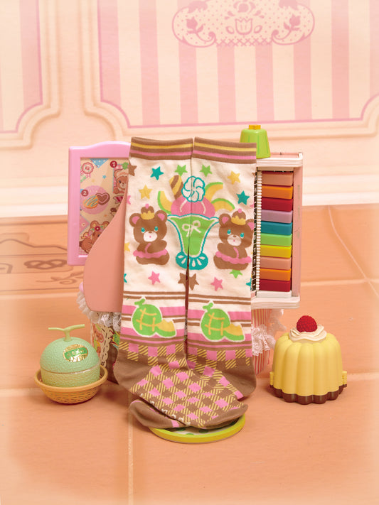 Original pattern bear melon parfait all-match plaid mid-calf socks