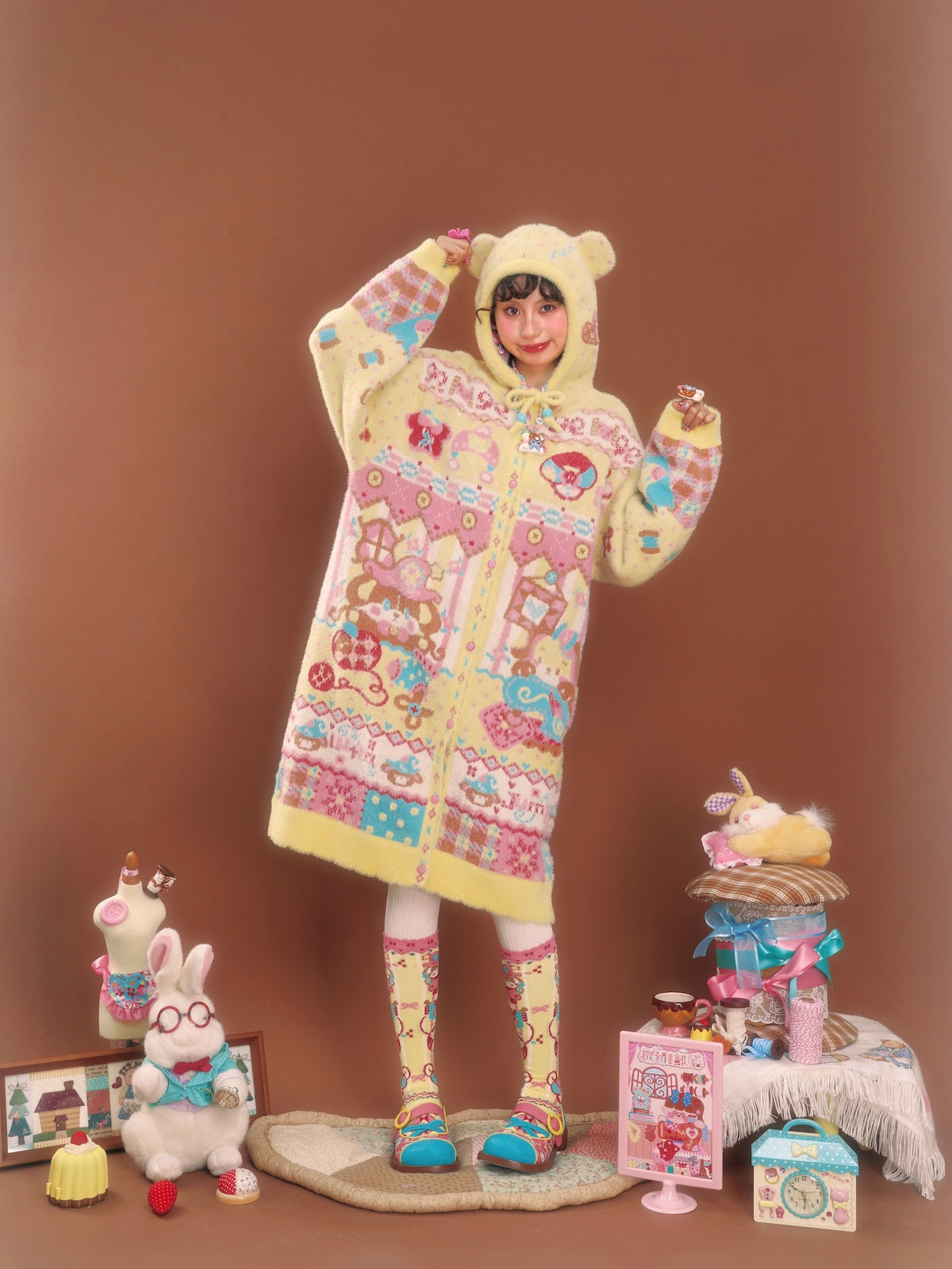 Yellow faux mink hooded cardigan with bear ears and rabbit design, long length, for warmth.