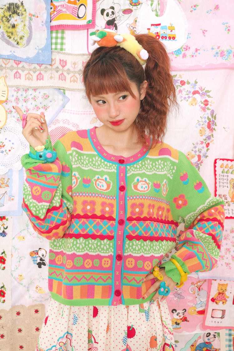 Striped bunny plaid colorful green round neck knitted cardigan sweater jacket