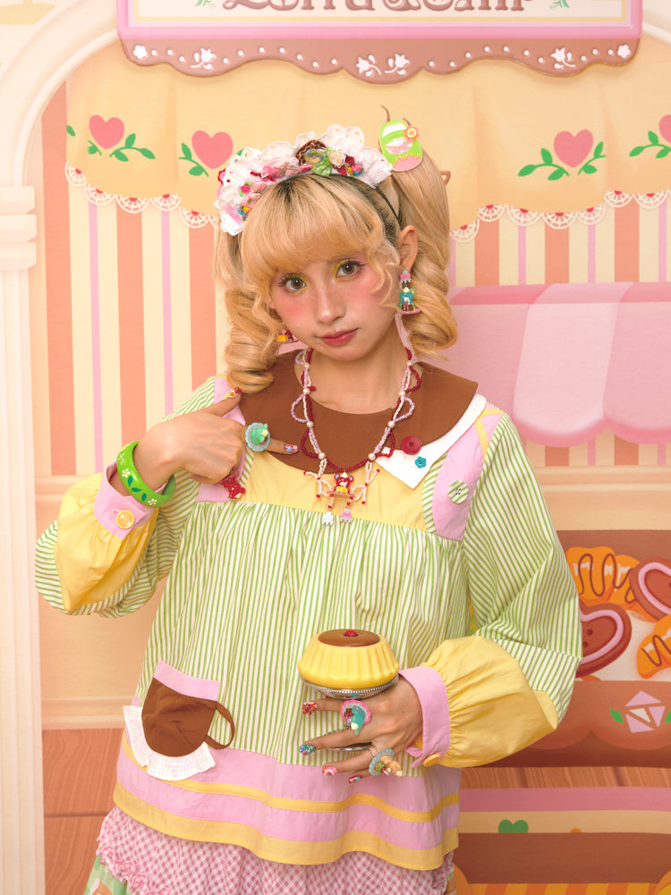 Green striped asymmetric collar cute babydoll shirt top（Long sleeves and short sleeves）
