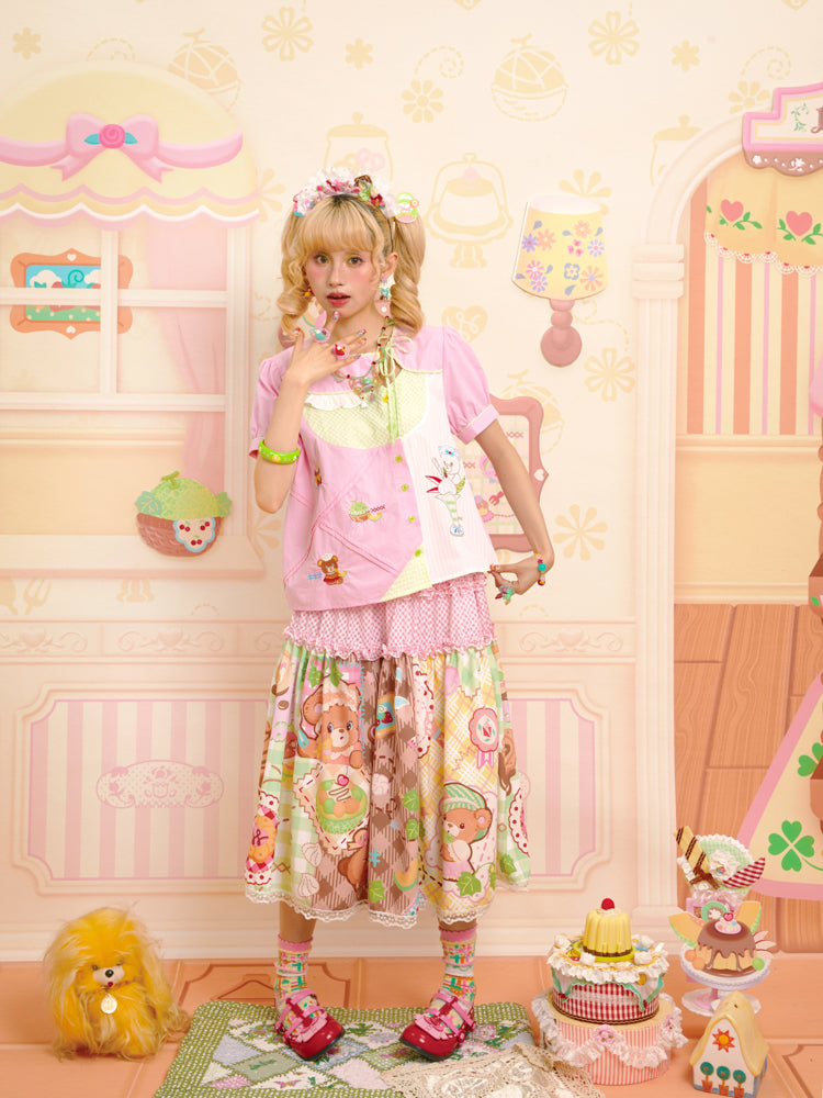 Original Print Bear Melon Patchwork Style Pattern Splicing Half Skirt Long Skirt