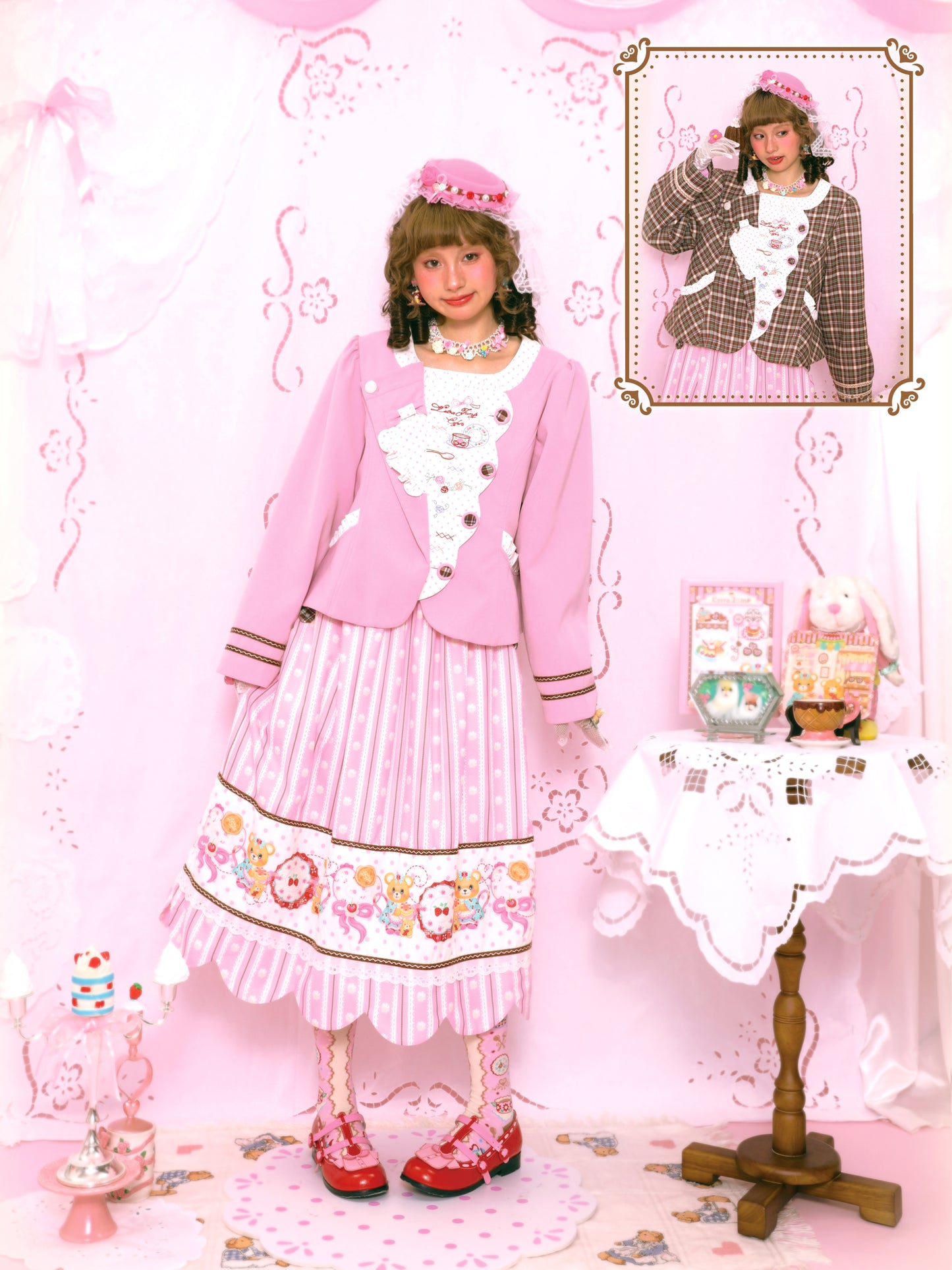 Retro Polka Dot Embroidery Tea Break Suit Jacket Pink & Coffee
