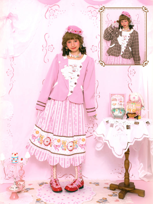 Retro Polka Dot Embroidery Tea Break Suit Jacket Pink & Coffee