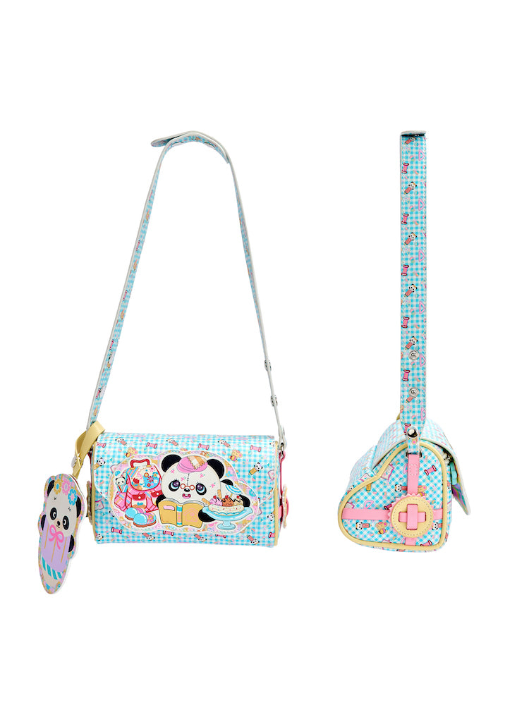 Blue plaid print love panda study handbag crossbody bag