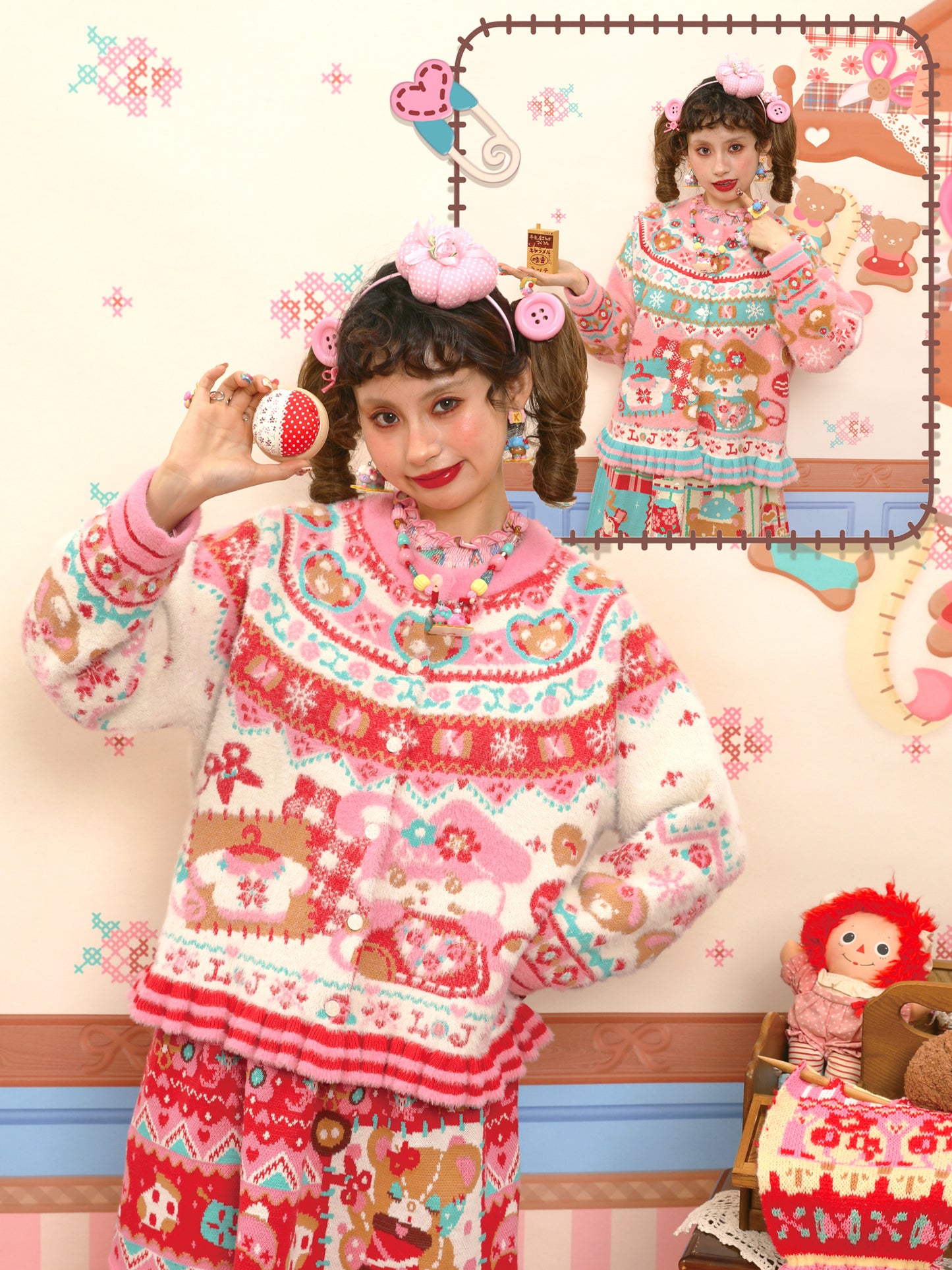 Red and pink Fair Isle style faux mink fur knitted cardigan with rabbit motif