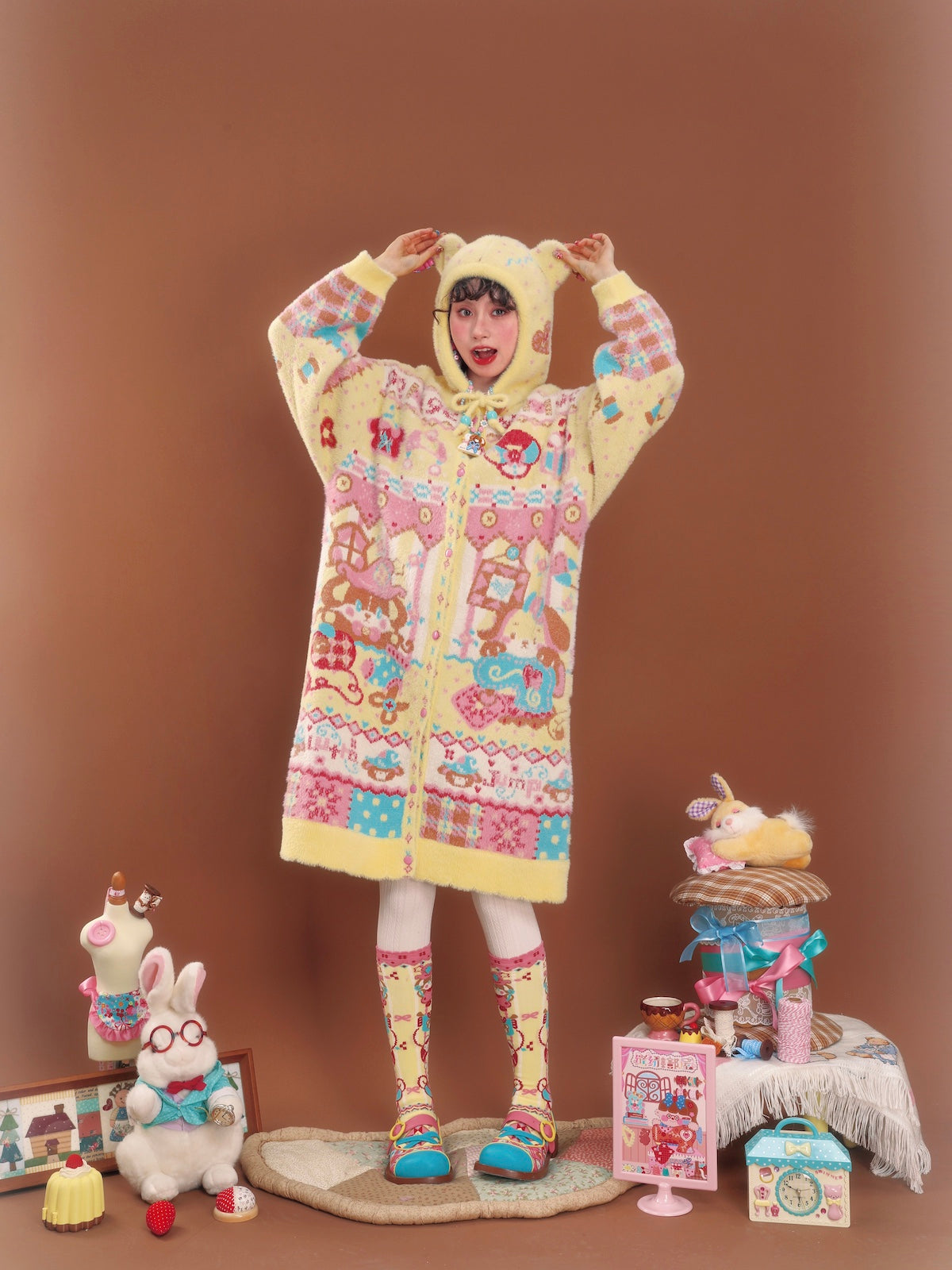 Yellow faux mink hooded cardigan with bear ears and rabbit design, long length, for warmth.