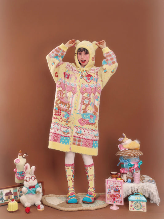 Yellow faux mink hooded cardigan with bear ears and rabbit design, long length, for warmth.