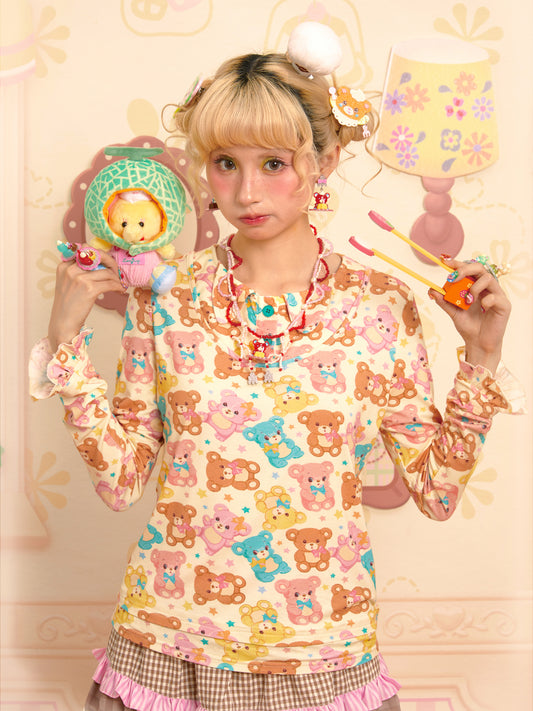 Bear print faux two-piece design, versatile long-sleeved elastic base layer