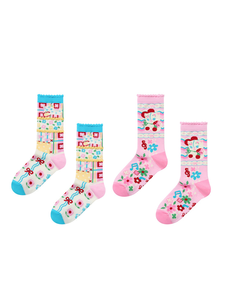 Cat Retro Color Women's Mid-calf Socks Cotton Socks Two Pairs